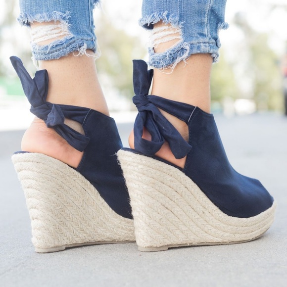 NAVY BLUE BACK-KNOT SLINGBACK ESPADRILLE WEDGES - Picture 3 of 6